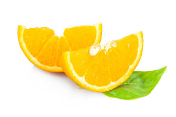 Orange slices with leaves isolated on white background