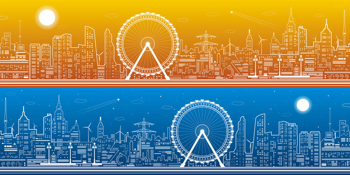 Panorama of the city. Ferris wheel, office buildings, town nightlife, neon lines, day and night, vector design art