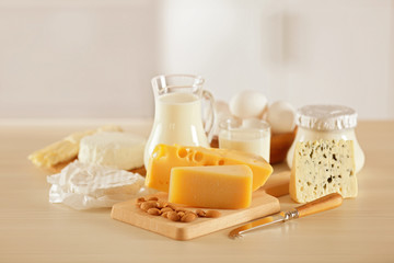 Dairy products on kitchen table