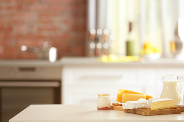 Dairy products on kitchen table