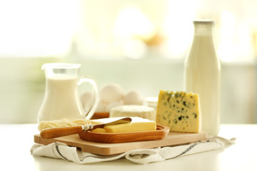 Dairy products on kitchen table