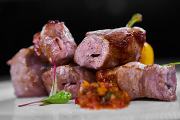 fresh portion of shish kebab on plate