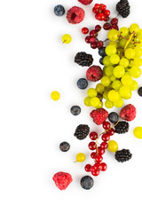 Various fresh summer fruits and berries isolated on a white background. Top view.