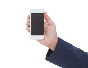 Businessman hand holding mobile phone isolated on white background with clipping path