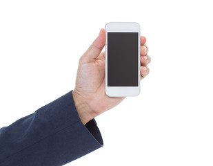 Businessman hand holding mobile phone isolated on white background with clipping path