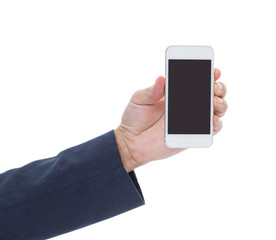 Hand holding mobile phone isolated on white background, clipping path