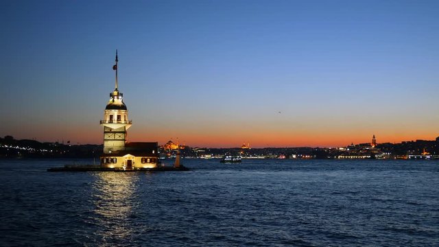 Panning night shot of Maiden's Tower in Istanbul, Turkey (KIZ KULESI - USKUDAR)