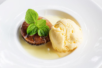 vanilla ice cream and date cake.