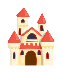 Cartoon fairy tale castle tower icon. Cute cartoon castle architecture. Vector illustration fantasy house fairytale medieval castle. Princess cartoon castle cartoon stronghold design fable isolated.