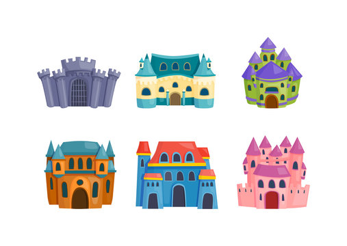 Cartoon fairy tale castle tower icon. Cute cartoon castle architecture. Vector illustration fantasy house fairytale medieval castle. Princess cartoon castle cartoon stronghold design fable isolated.