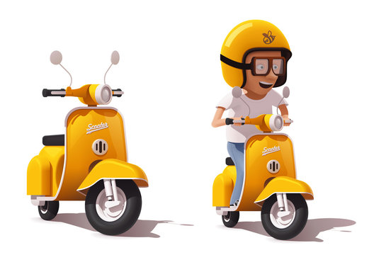Fototapeta Vector realistic vintage yellow scooter and scooter driver icon