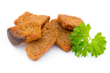 Bread croutons isolated on a white background.