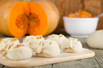 Manti. Asian national dish with meat and pumpkin on rustick wood background.