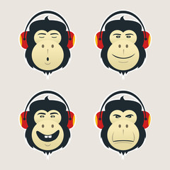 Set of monkey heads with headphones. DJ monkey listens music. Collection of an emotional faces. Emoji icons isolated on white background. Vector stickers