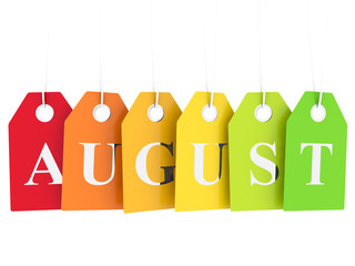 August tag on hanging labels on white background