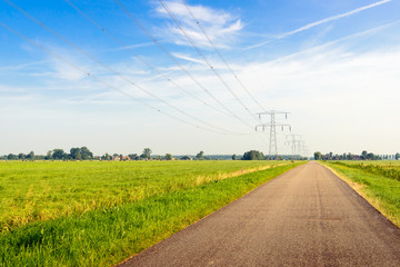 Seemingly endless country road in a rural area with power pylons