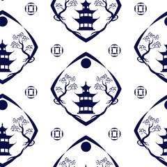 The pattern in the Chinese style with trees, frame, pagoda and circle on a white background. It can be used for fabric.