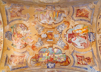 Fototapeta na wymiar BRESCIA, ITALY - MAY 23, 2016: The ceiling frescoes from life of St. Peter and Paul in church Chiesa di Santa Maria del Carmine by Tommaso Sandrino (1580 – 1630)