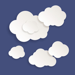 Set of white blank clouds icons for messages or web. Variety shapes, isolated on blue background. Vector illustration, EPS 10.