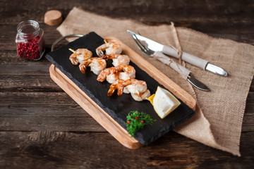 Grilled shrimps on frying pan