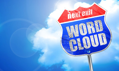 word cloud, 3D rendering, blue street sign