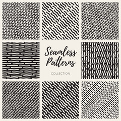 Set of Eight Vector Seamless Hand Drawn Lines Patterns Collection