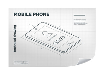 Technical Illustration with mobile phone drawing on the white blueprint.