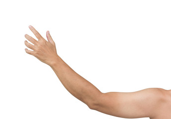 Man hands try to grab something isolated on white background, clipping path - obrazy, fototapety, plakaty