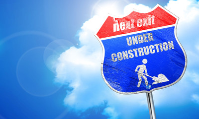 Under construction sign, 3D rendering, blue street sign