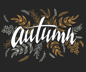 vector illustration of hand lettering label - autumn - with doodle brunches and leaves - 117073577