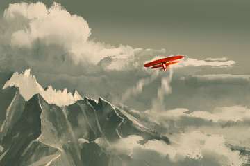 Fototapety  czerwony dwupłatowiec lecący nad górą, ilustracja, malarstwo cyfrowe
