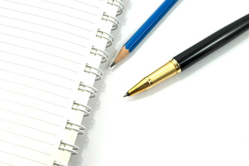 stationery and paper notebook on white background