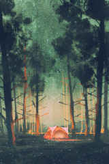 camping in forest at night with stars and fireflies,illustration,digital painting