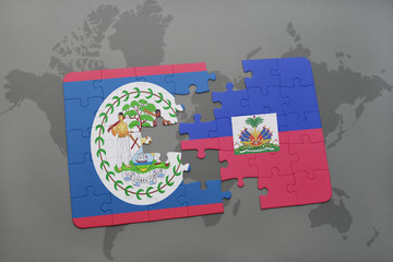 puzzle with the national flag of belize and haiti on a world map background.