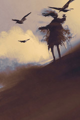 Fototapeta premium ghost with flying crows in the desert,illustration,digital painting