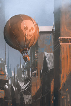 Hot Air Balloon Floating In The Old City,illustration,digital Painting