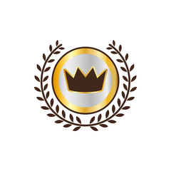 Label with crown and laurel wreath icon in flat style on a white background
