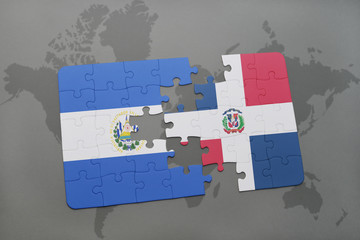 puzzle with the national flag of el salvador and dominican republic on a world map background.