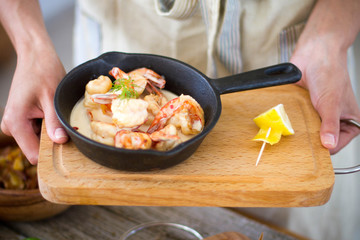 Grilled shrimps on frying pan
