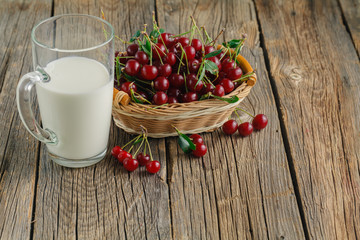 Breakfast with cherry berries and glass of milk