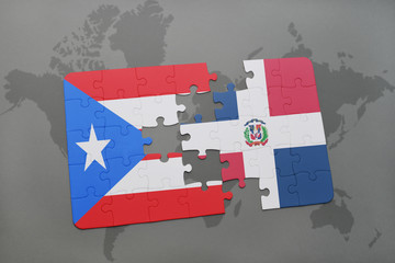 puzzle with the national flag of puerto rico and dominican republic on a world map background.