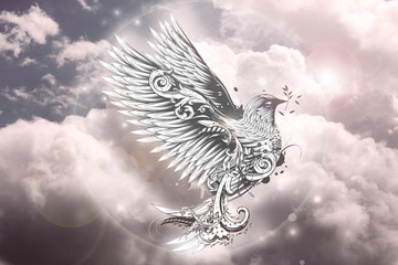 ornamental verzierte Taube Mit Zweig im Schnabel
über den Wolken