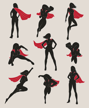 Set of Female Superhero. Black and Red Color.