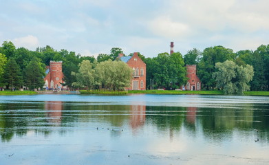 Great Pond Beach with buildings in the Dutch style in Tsarskoye Selo (Pushkin)
