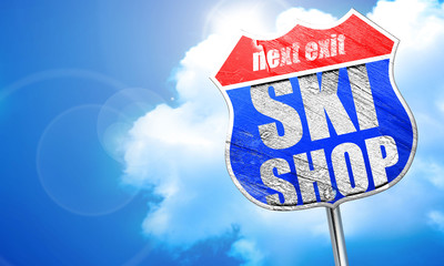 ski shop, 3D rendering, blue street sign
