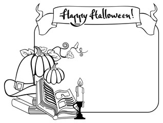 Contour halloween frame with witch hat, magician books and candlestick. Vector clip art. 