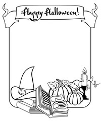 Contour halloween frame with witch hat, magician books and candlestick. Vector clip art. 