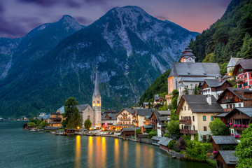 Fototapeta na wymiar Hallstatt village in Alps and lake at dusk, Austria, Europe