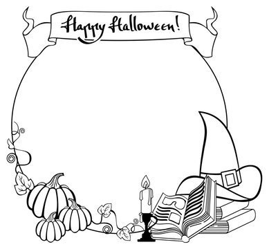 Contour halloween frame with witch hat, magician books and candlestick. Vector clip art. 