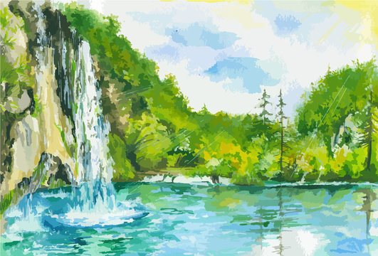 Watercolor landscape with waterfall and lake. Summer and spring nature. Green forest with blue sky and fast stream.
